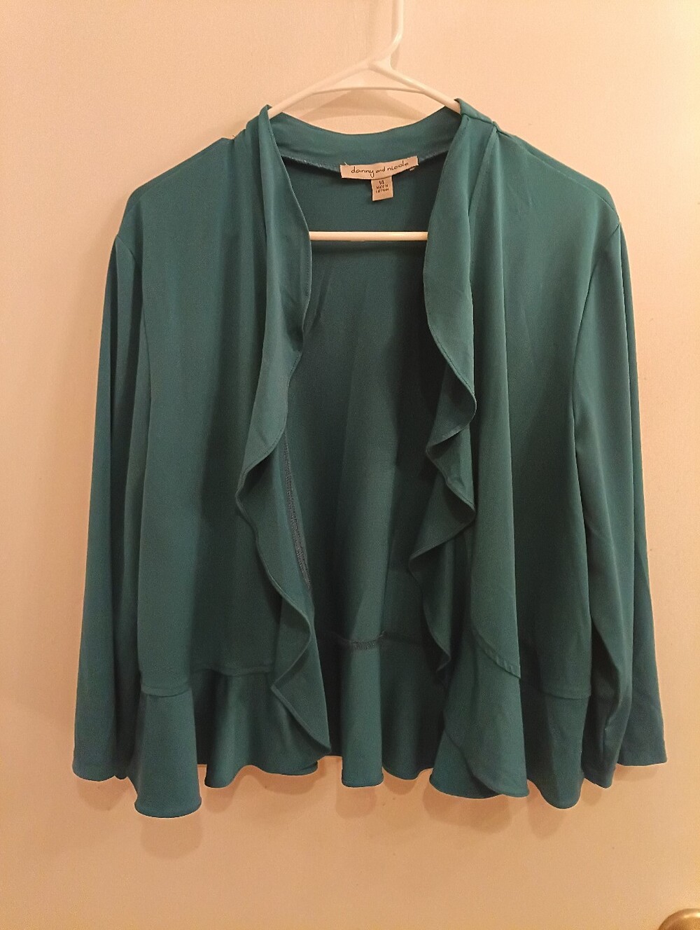 Teal Shrug Dress jacket Cascade Ruffle Open Front Sz 14 Women's